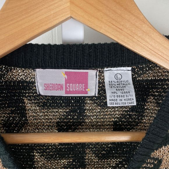 Vintage‎ 80s Sheridan Square Sweater Black Metallic Gold Houndstooth Oversized L - Picture 7 of 7
